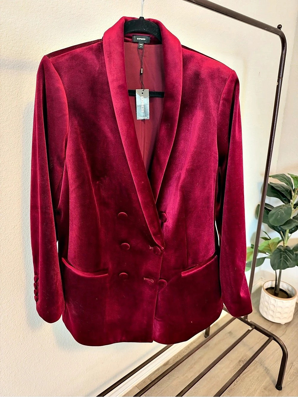 Express Velvet Double Breasted Blazer Burgundy